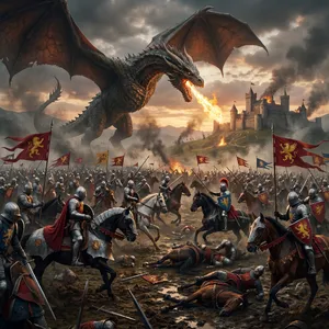 A medieval battlefield with knights on horseback and a dragon flying overhead. - Google Nano Banana Pro