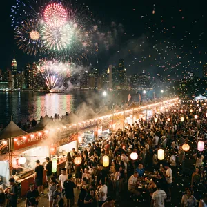 A nighttime festival with fireworks in the sky, food stalls lined up, and crowds mingling. - Google Nano Banana Pro