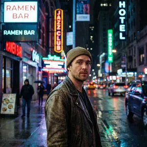 A nighttime portrait of a man lit by neon signs on a city street. - Google Nano Banana Pro