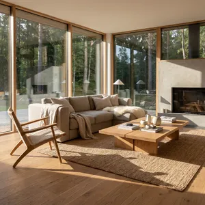 A photorealistic interior of a modern Scandinavian-style living room with natural light streaming through floor-to-ceiling windows. Show detailed wood textures, fabric materials, and proper light reflections. - Google Nano Banana Pro