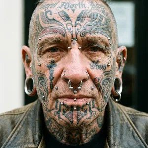 A portrait of a person with elaborate facial tattoos and piercings, shown in sharp detail. - Google Nano Banana Pro