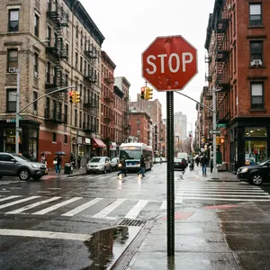 A red stop sign on a street corner displaying the word 