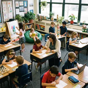 A school classroom of children and a teacher, each student engaged in a different activity. - Google Nano Banana Pro