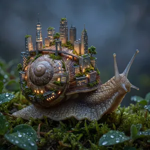 A snail whose shell contains a miniature city skyline, depicted in a hyperrealistic macro photography style with intricate architectural details and ambient lighting. - Google Nano Banana Pro