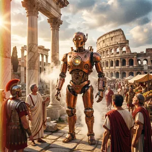 A steampunk robot time-traveling in ancient Rome, depicted in a detailed cinematic style that blends historical accuracy with copper and brass retrofuturistic aesthetics. - Google Nano Banana Pro