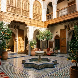 A traditional Moroccan riad courtyard with detailed zellige tilework, flowing fountain, citrus trees, and ornate woodwork. Morning light casting intricate shadow patterns. - Google Nano Banana Pro