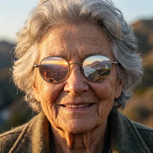 A ultra high-resolution portrait of an elderly woman with silver hair and bifocal glasses, each lens reflecting a distant landscape, captured in warm late-afternoon sunlight - Google Nano Banana Pro
