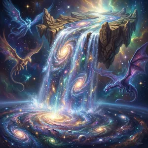 A waterfall that pours out stars and galaxies instead of water, illustrated in a cosmic fantasy style with vibrant space colors and dramatic lighting effects. - Google Nano Banana Pro