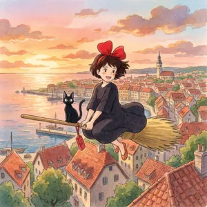 A young witch flying on a broomstick above a coastal town at sunset. Exact art style of 'Kiki's Delivery Service' by Studio Ghibli, with Miyazaki's character design and warm colors. - Google Nano Banana Pro