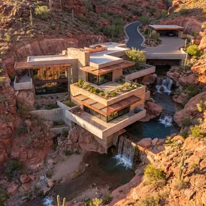 Aerial view of a modernist desert home, in the style of Frank Lloyd Wright's Fallingwater but adapted to desert conditions. Show integration with rocky landscape and water features. - Google Nano Banana Pro