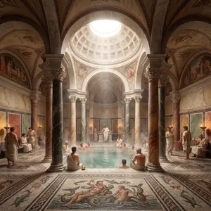 An ancient Roman bathhouse interior with accurate architectural details - marble columns, mosaic floors, arched ceilings, and steam rising from pools. Natural light from oculus openings. - Google Nano Banana Pro