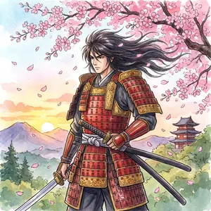 An anime-style portrait of a samurai standing under pink cherry blossoms. - Google Nano Banana Pro