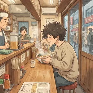An anime scene of a character eating ramen at a small shop counter (slice-of-life style). - Google Nano Banana Pro