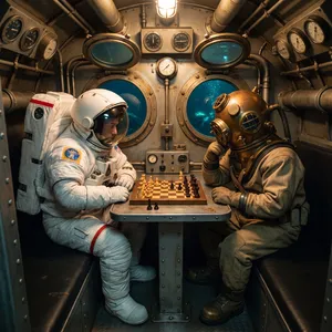 An astronaut and a deep-sea diver playing chess together inside a submarine. - Google Nano Banana Pro