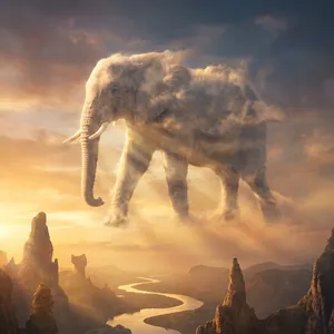 An elephant made of clouds floating in a sunset sky, rendered in a surrealist photorealistic style with ethereal golden lighting and atmospheric depth. - Google Nano Banana Pro