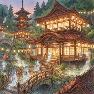 An enchanted bathhouse with glowing lanterns and spirits. Recreate the visual style of 'Spirited Away' by Studio Ghibli, with Miyazaki's ornate architecture and magical atmosphere. - Google Nano Banana Pro