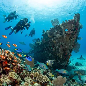 An underwater scene with scuba divers exploring a coral reef alongside colorful fish and a sunken ship. - Google Nano Banana Pro