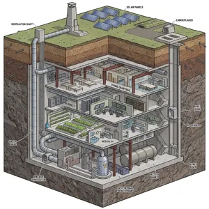 Cross-section rendering of a multi-level underground bunker with different functional areas, structural support systems, ventilation, and power generation facilities visible. - Google Nano Banana Pro