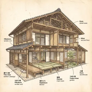 Cutaway architectural drawing of a traditional Japanese machiya townhouse showing all rooms and structural elements. Include accurate proportions, traditional joinery, and typical spatial organization. - Google Nano Banana Pro