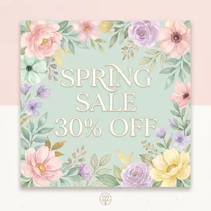 Instagram post graphic: 'SPRING SALE 30% OFF'. Floral background, pastel colors, elegant serif font style visually integrated. - Google Nano Banana Pro