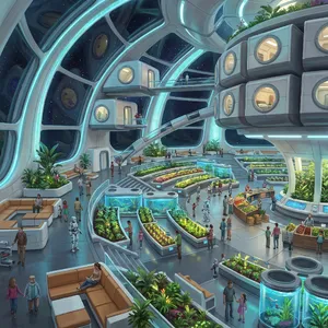 Interior of a futuristic space habitat with hydroponics gardens, communal areas, and living quarters. Show curved walls, artificial gravity considerations, and multipurpose furniture designs. - Google Nano Banana Pro