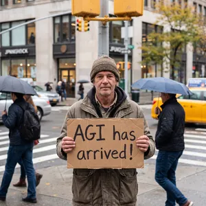 Photorealistic daytime street photograph, clearly showing a man standing still on a busy urban street corner holding a rectangular cardboard sign clearly facing camera, handwritten bold black marker text clearly readable as 