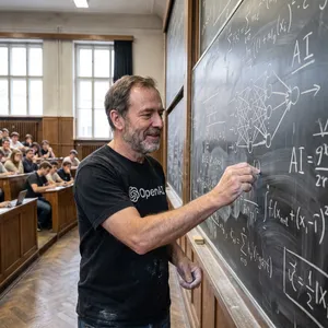 Photorealistic depiction of a man wearing a clearly visible black OpenAI-branded T-shirt. He is standing at the front of a university lecture hall, writing complex mathematics and AI-related equations across a large, dusty chalkboard filled with notation - Google Nano Banana Pro
