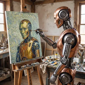 Photorealistic image of a robot painting a realistic self-portrait (i.e. the robot) on canvas, mimicking Van Gogh’s art style; clear, realistic metallic textures and painting details visible - Google Nano Banana Pro