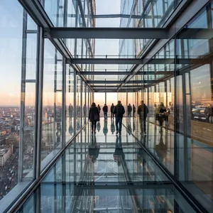 Photorealistic rendering of a contemporary glass skybridge between two skyscrapers, seen from inside with city views visible through glass walls and floor. Show accurate reflections and structural details. - Google Nano Banana Pro
