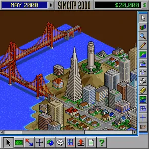 Pixel art cityscape of San Francisco in the iconic SimCity 2000 style, isometric view, detailed skyscrapers, residential areas, clearly identifiable Golden Gate Bridge, Coit Tower, Transamerica Pyramid, surrounded by the classic SimCity 2000 UI elements - Google Nano Banana Pro