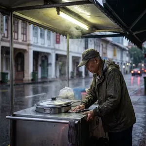 Rain-slicked Singapore street, 3 AM. A lone elderly hawker cleans his cart under one flickering fluorescent light. Steam rises gently. Low-angle shot, photorealistic - Google Nano Banana Pro