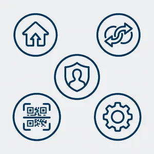 Set of 5 consistent flat design icons for a mobile banking app: 'Home', 'Transfer', 'Account', 'Scan QR', 'Settings'. Monochrome dark blue. - Google Nano Banana Pro