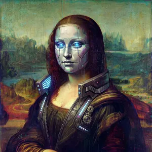 The Mona Lisa reimagined as a futuristic android, rendered in a digital art style that preserves Da Vinci's composition while incorporating sleek cyberpunk aesthetics and technological elements. - Google Nano Banana Pro