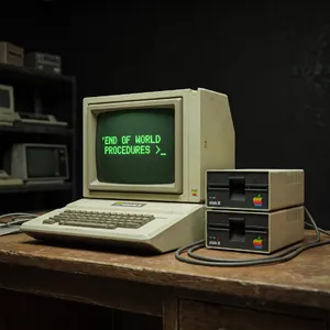 Vintage Apple II computer with green monochrome CRT screen, displaying 'END OF WORLD PROCEDURES' in green text. Two external floppy drives stacked on the right, labeled disk II with rainbow Apple logos. Beige casing, black background, retro aesthetic. - Google Nano Banana Pro