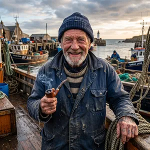 A 4K photo of an old fisherman with a weathered face and a pipe, grinning. - Google Nano Banana 2