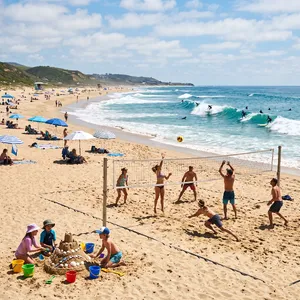 A beach scene: adults playing volleyball, kids building sandcastles, and surfers riding waves. - Google Nano Banana 2
