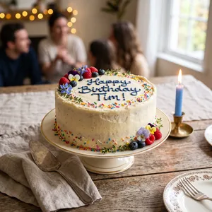 A birthday cake with icing that spells 