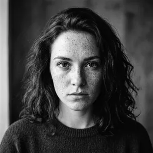 A black and white close-up portrait of a freckled woman with an intense gaze. - Google Nano Banana 2