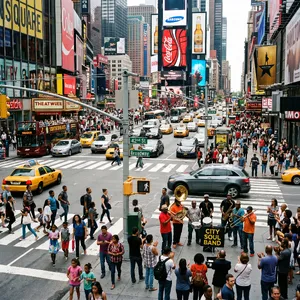 A busy city intersection with cars, pedestrians, and street performers all in one frame. - Google Nano Banana 2