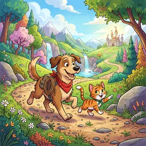 A cartoon of a cat and a dog on an adventure, drawn in a colorful 2D style. - Google Nano Banana 2