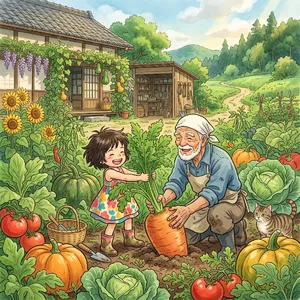 A child and elder tending oversized vegetables in a garden. Reproduce the artistic style of Studio Ghibli, with their distinctive character proportions and detailed plant illustrations. - Google Nano Banana 2