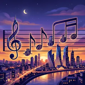 A city skyline that forms the shape of musical notes on a staff, created in a stylized graphic design aesthetic with clean architectural lines and dramatic twilight colors. - Google Nano Banana 2
