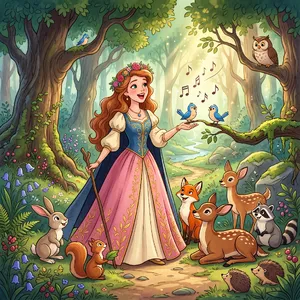 A classic Disney-like 2D cartoon princess singing with animals in a forest. - Google Nano Banana 2