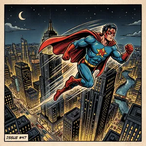 A comic-book style superhero flying over a city at night, with halftone shading. - Google Nano Banana 2