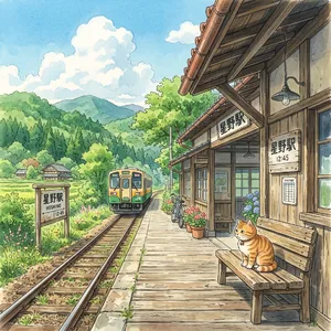A countryside train station with a cat waiting on a bench. Rendered in Studio Ghibli animation style with Miyazaki's watercolor backgrounds and hand-drawn quality. - Google Nano Banana 2
