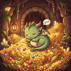 A cute chibi-style dragon sleeping on a pile of gold. - Google Nano Banana 2