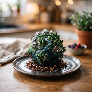 A dessert cake that looks like a tiny planet, complete with miniature trees and mountains, photographed in a professional food photography style with tilt-shift focus effect. - Google Nano Banana 2