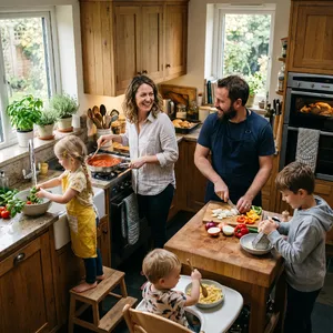 A family cooking together in a kitchen, each person busy with a different task. - Google Nano Banana 2