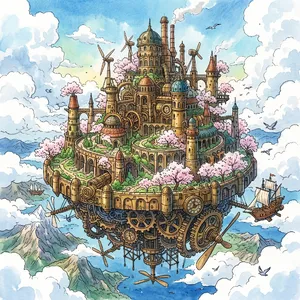 A floating steampunk castle in the sky with intricate mechanical gears and cherry blossom trees, illustrated in Hayao Miyazaki's Castle in the Sky (1986) art style with watercolor textures and detailed line work. - Google Nano Banana 2