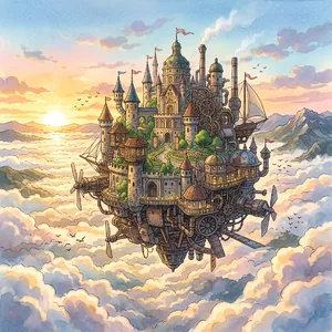 A flying castle floating in clouds at sunrise. Match the visual aesthetic of 'Howl's Moving Castle' by Studio Ghibli, with Miyazaki's blend of steampunk elements and fantasy. - Google Nano Banana 2